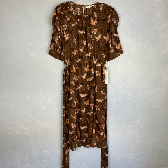 Happy Nature size L short puff flutter sleeve midi dress brown bird print NEW - Picture 3 of 17